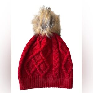 J. Crew Red Cable Knit Beanie with Faux Fur Pom-Pom NWT